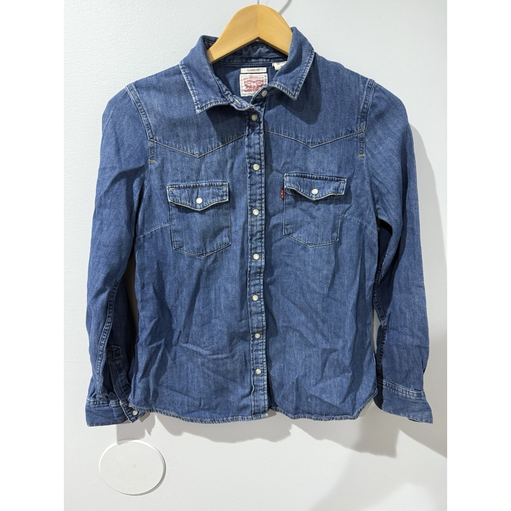 Levi's Classic Fit Blue Denim Western Shirt Women's Sz S Cowgirl Pearl‎ Snap G
